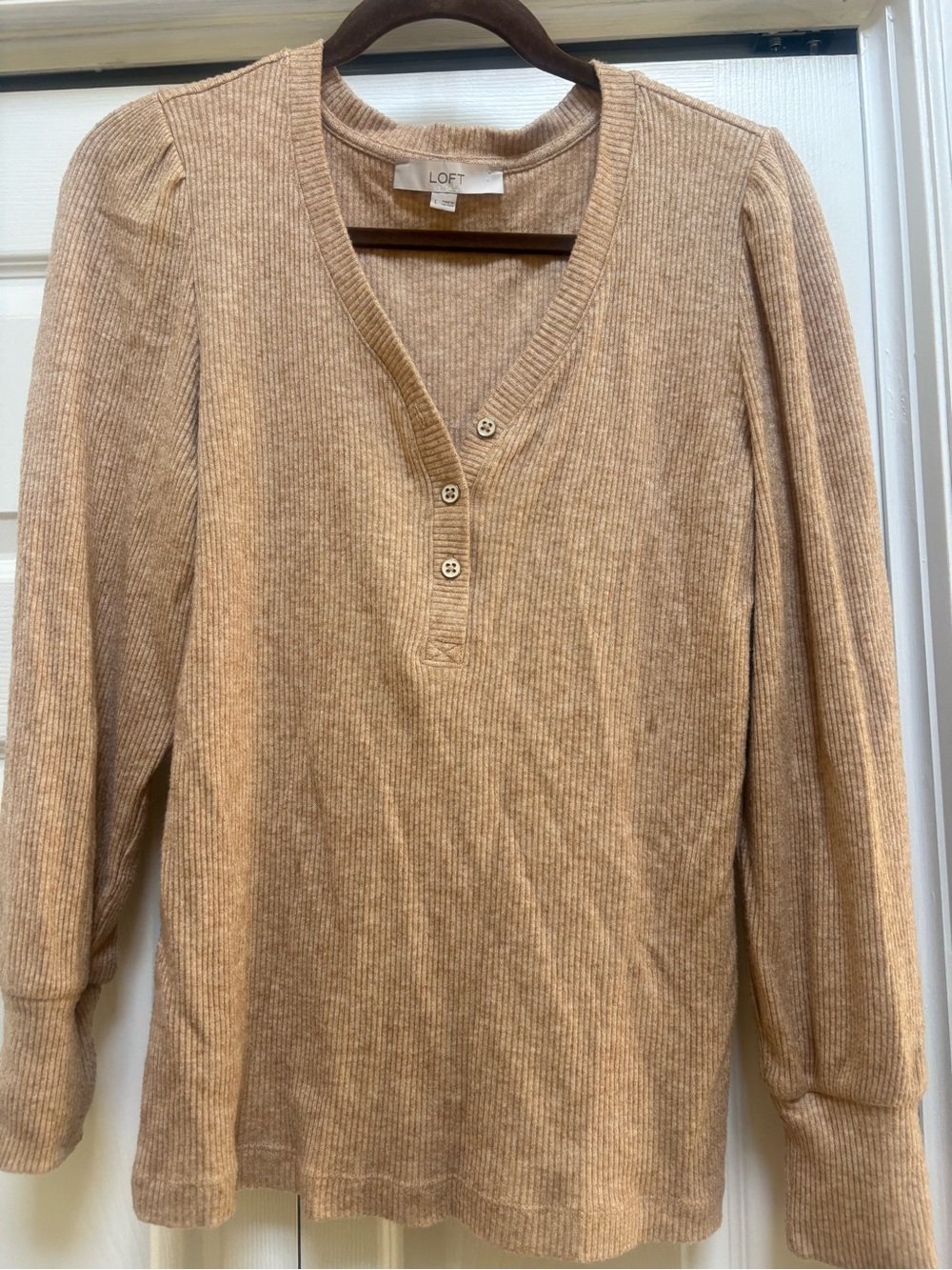 LOFT Beige Ribbed V‑Neck Henley Sweater